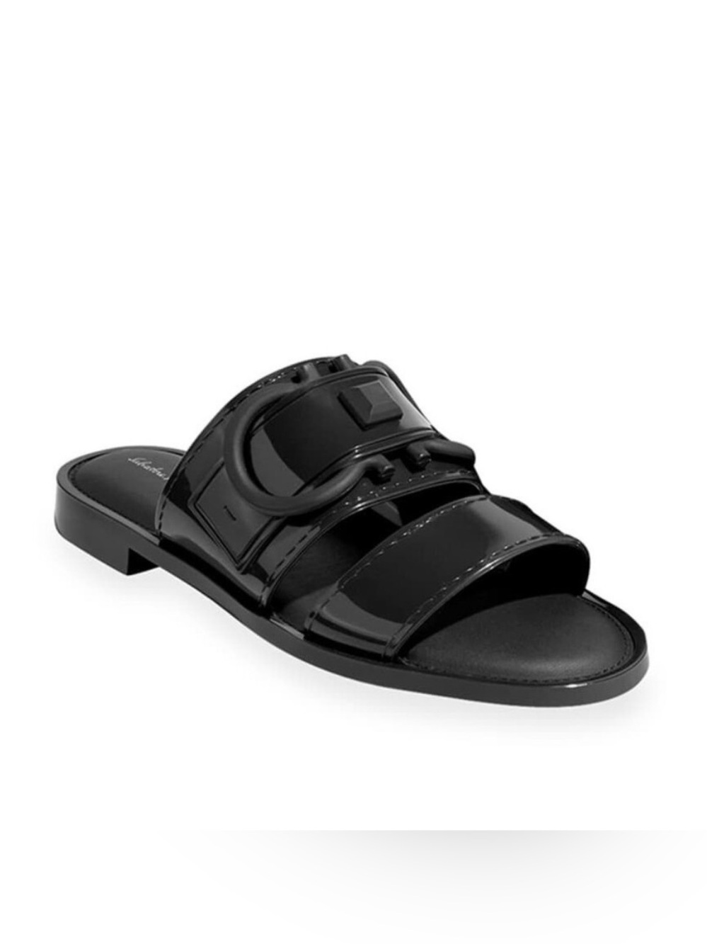 Farragamo Black Patent Slide Sandals with Decorative Buckle+Stud